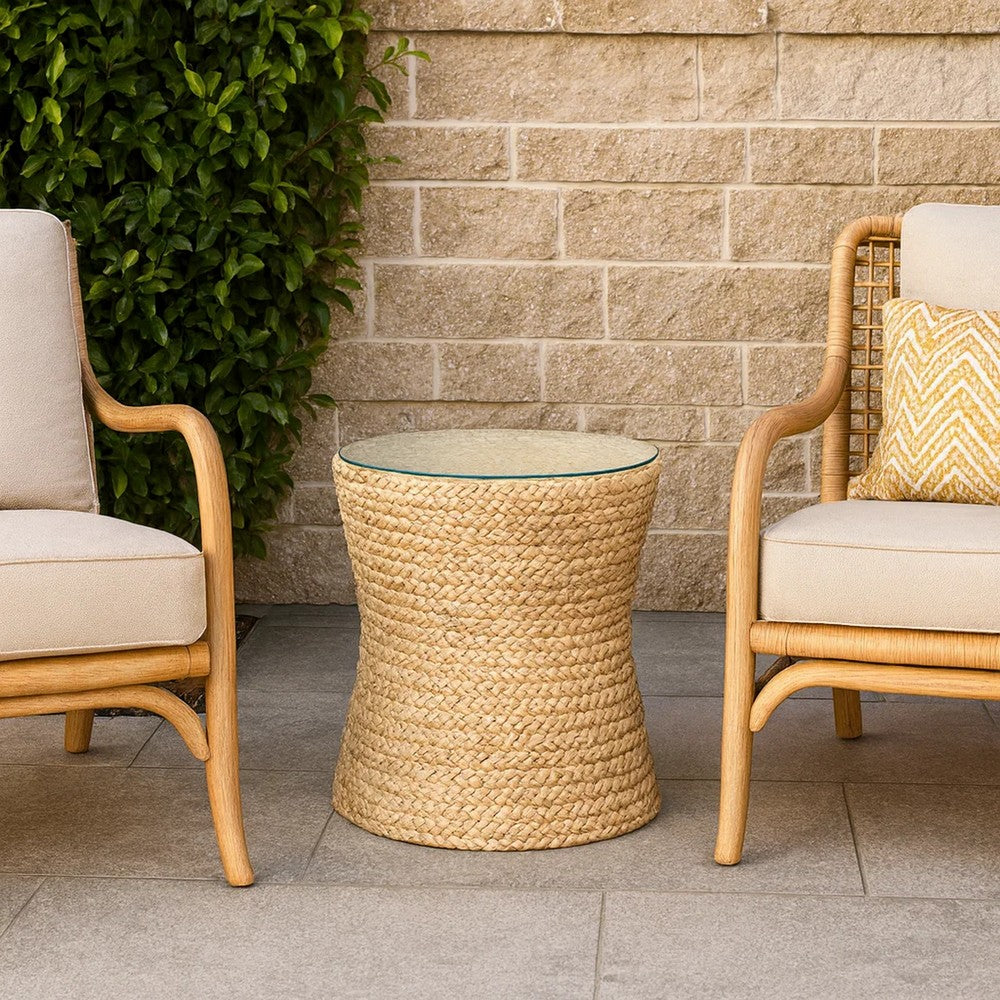 Grix Side End Table | 20" Tempered Glass Round Top, Braided Hourglass