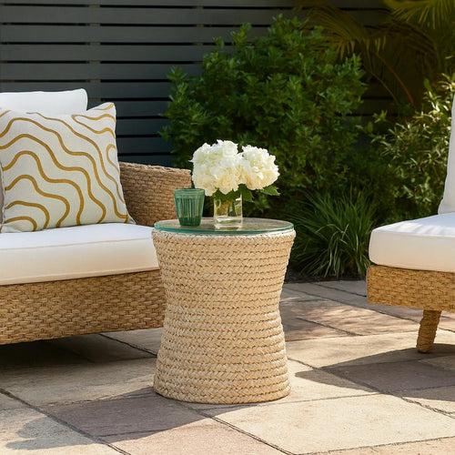 Grix Side End Table | 20" Tempered Glass Round Top, Braided Hourglass