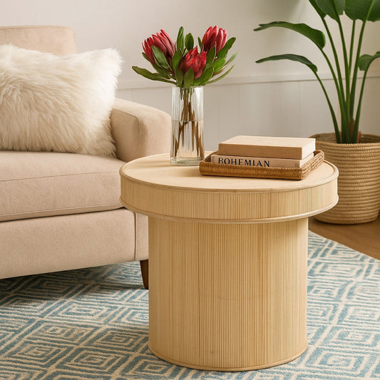 Tyl Side End Table | 22" | Round Top | Cylindrical Bamboo Base | Brown