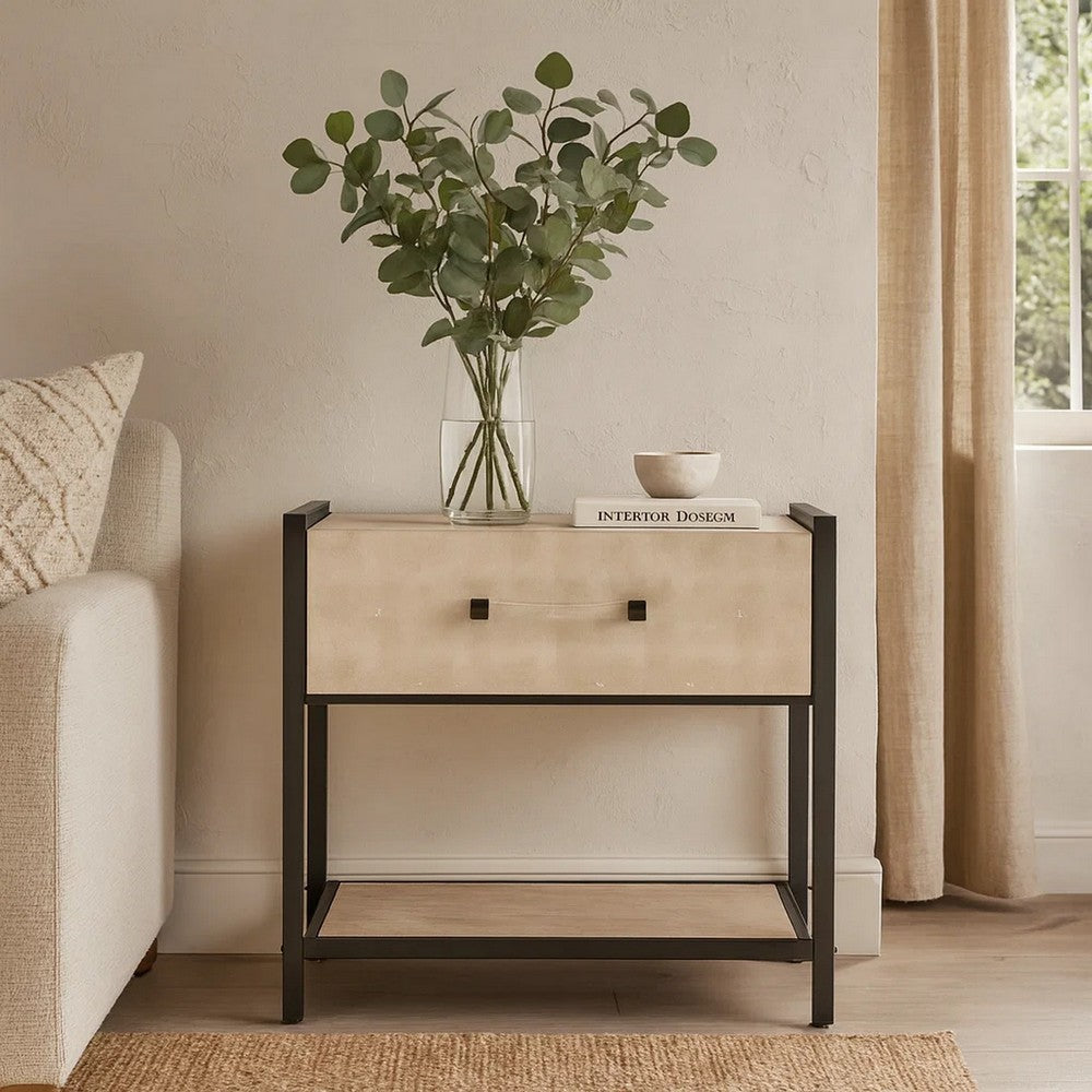 Caz Side Table, 1 Drawer, Black Iron Frame, Faux Shagreen Leather, 26"