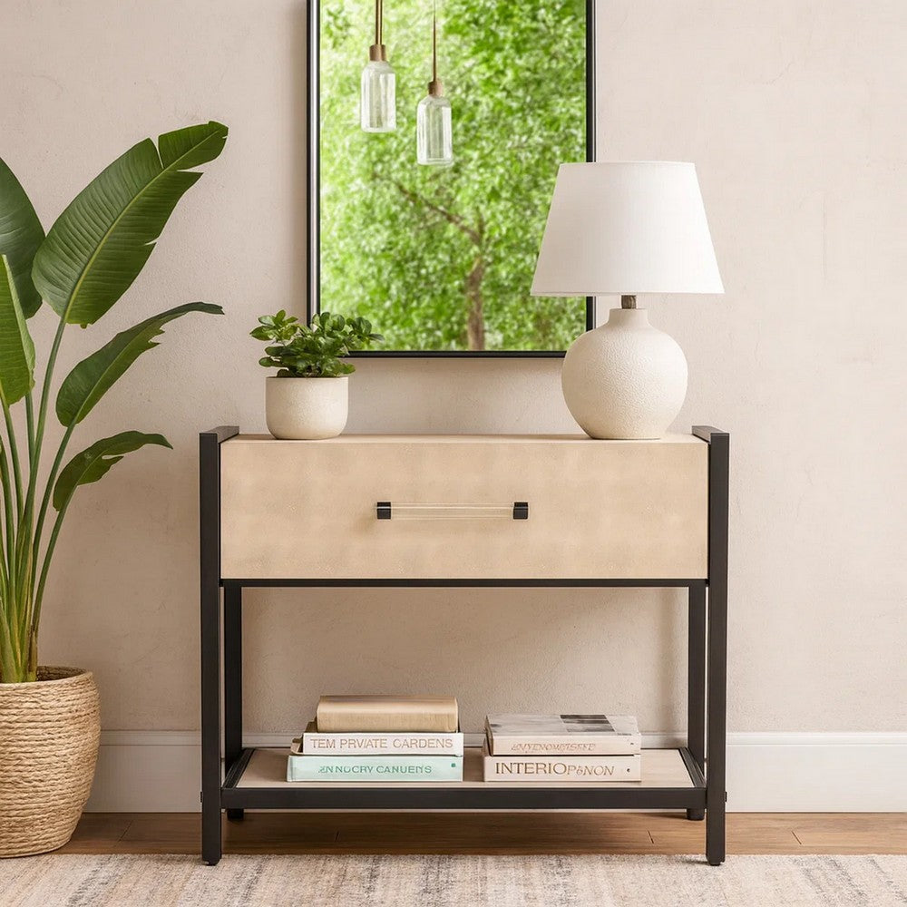 Caz Side Table, 1 Drawer, Black Iron Frame, Faux Shagreen Leather, 26"