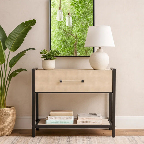 Caz Side Table, 1 Drawer, Black Iron Frame, Faux Shagreen Leather, 26"