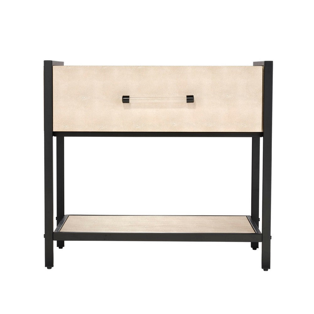 Caz Side Table, 1 Drawer, Black Iron Frame, Faux Shagreen Leather, 26"