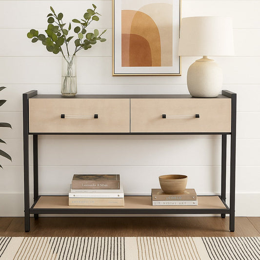 Caz Sofa Console Table | 2 Drawers | Black Frame | Faux Leather | 48"
