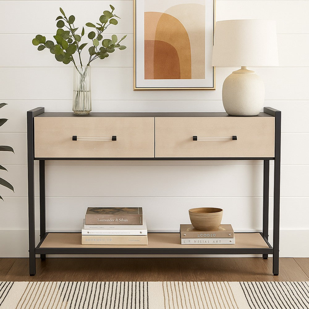 Caz Sofa Console Table | 2 Drawers | Black Frame | Faux Leather | 48"