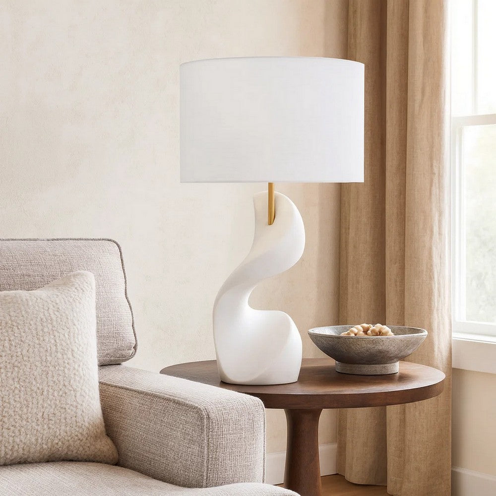 Koz Accent Table Lamp | Linen Shade | White Curved Sculpture 32"