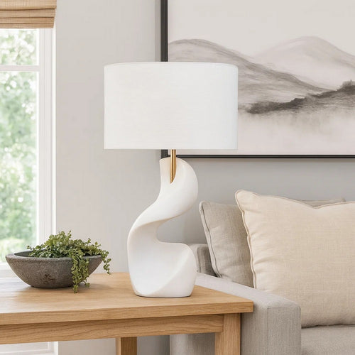 Koz Accent Table Lamp | Linen Shade | White Curved Sculpture 32"