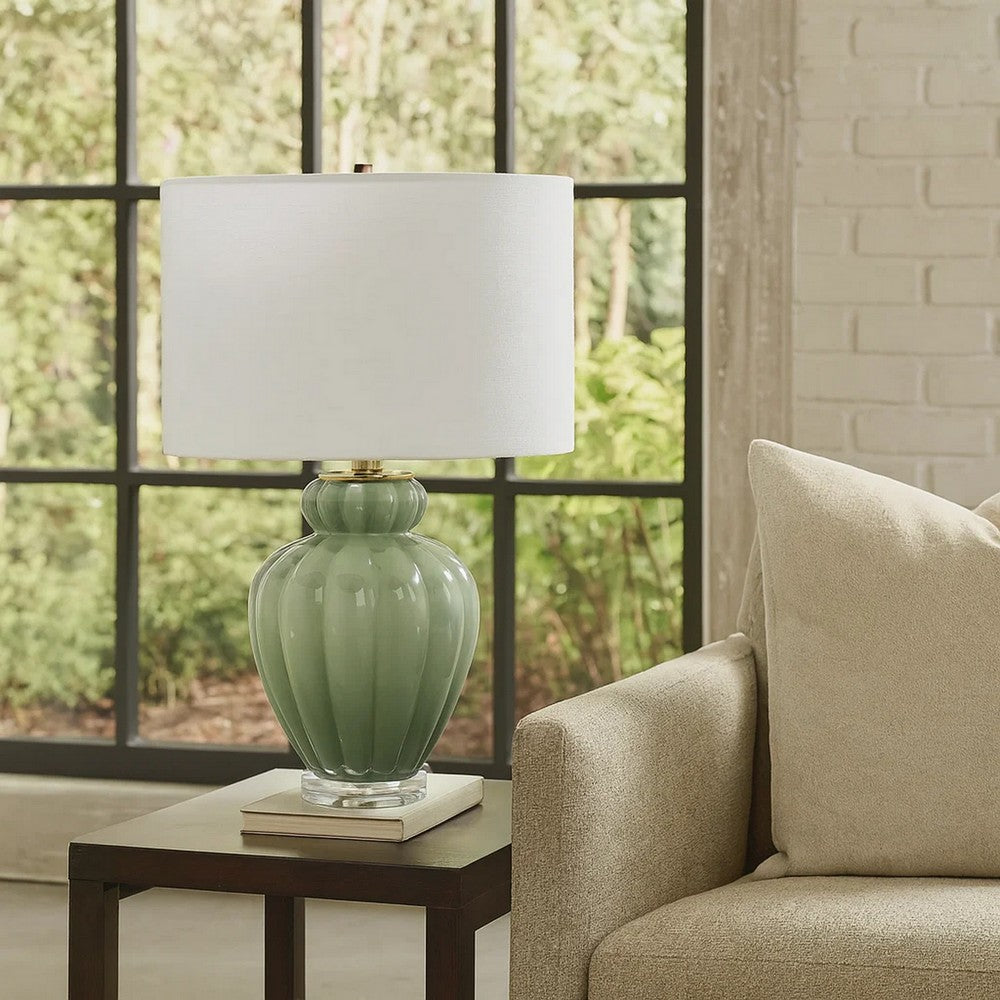 Aggy Accent Table Lamp | White Linen Shade | Green Glass Base 23"