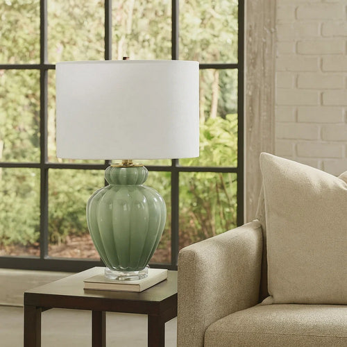 Aggy Accent Table Lamp | White Linen Shade | Green Glass Base 23"
