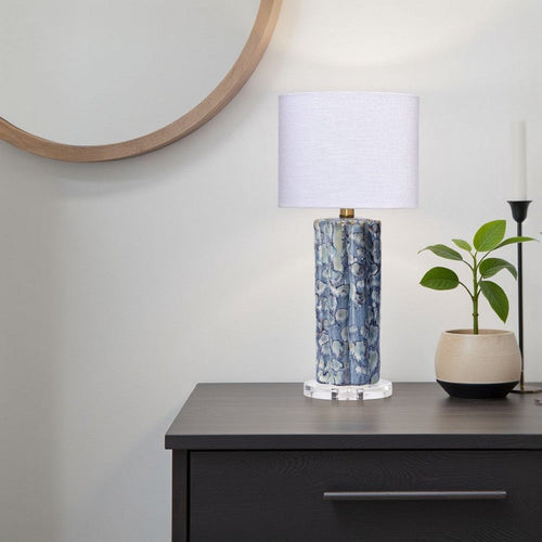 Flix Accent Table Lamp | 23" | White Linen | Blue Scalloped Ceramic