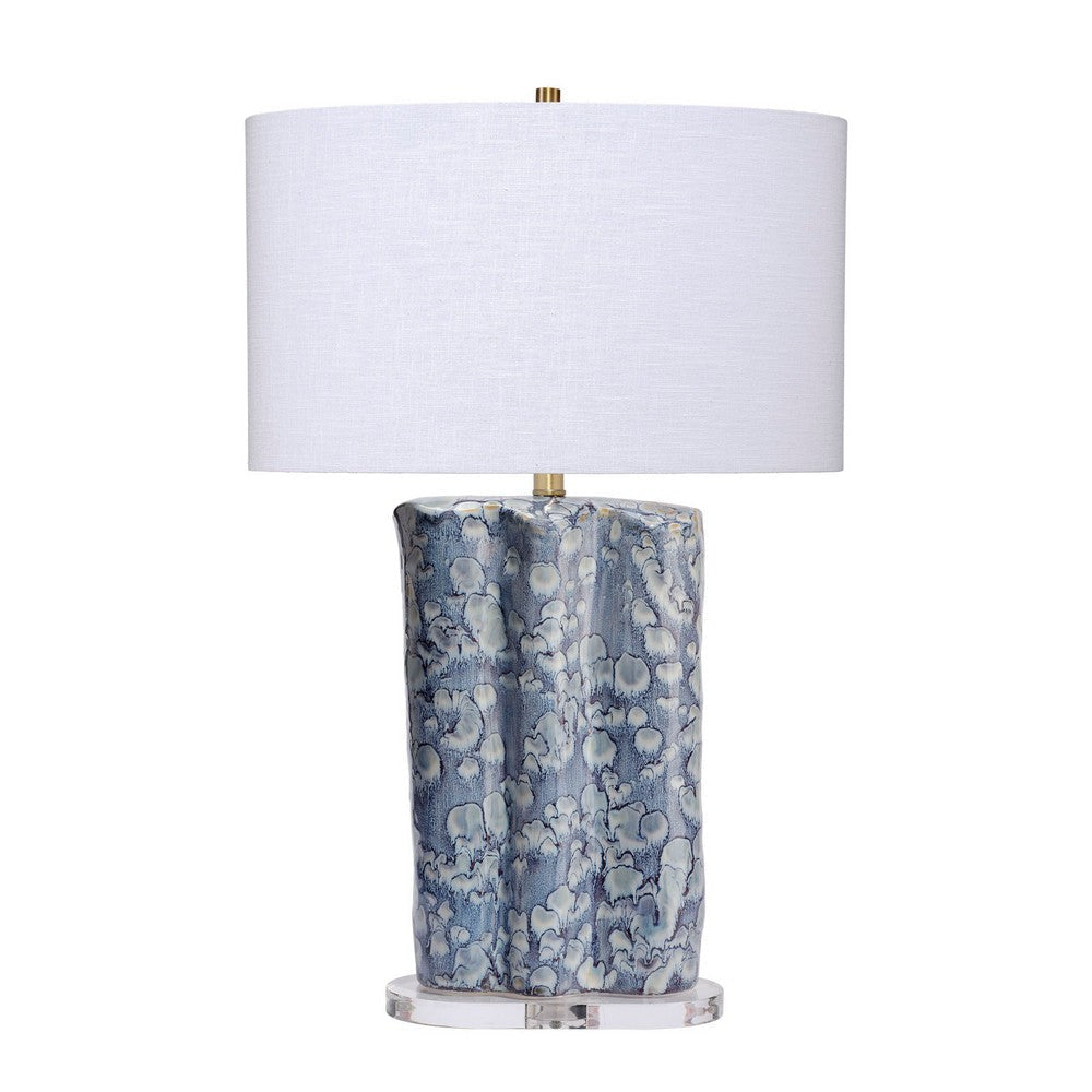 Flix Accent Table Lamp | 28’’ | White Linen | Blue Scalloped Ceramic