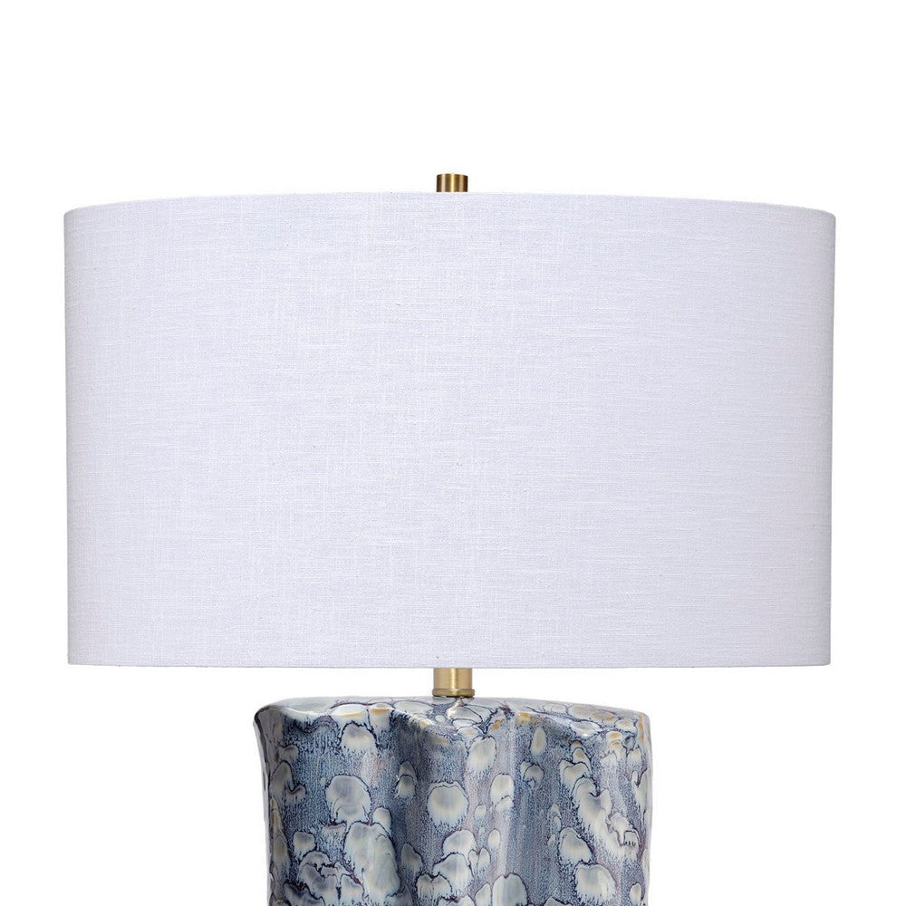 Flix Accent Table Lamp | 28’’ | White Linen | Blue Scalloped Ceramic