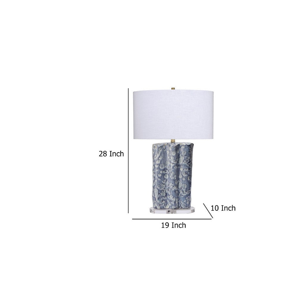 Flix Accent Table Lamp | 28’’ | White Linen | Blue Scalloped Ceramic