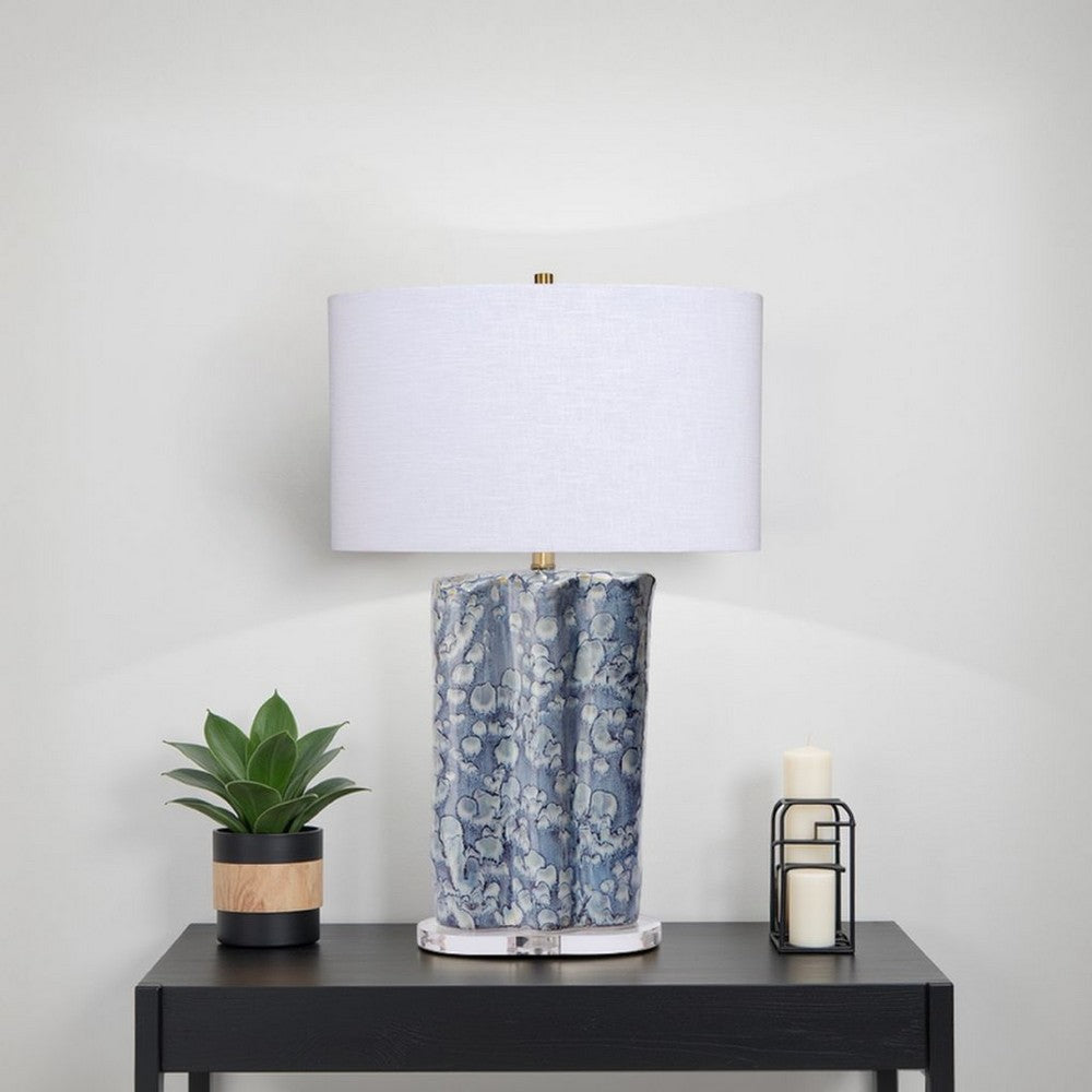 Flix Accent Table Lamp | 28" | White Linen | Blue Scalloped Ceramic