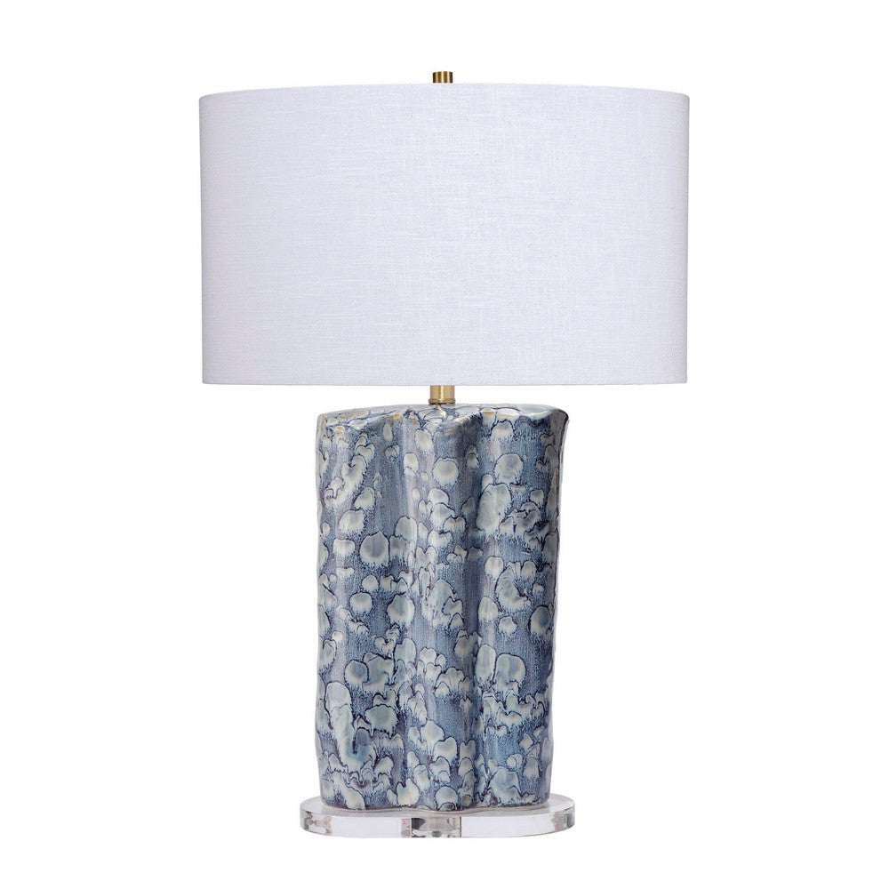 Flix Accent Table Lamp | 28" | White Linen | Blue Scalloped Ceramic
