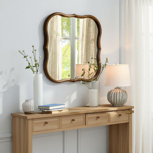 Deri Scalloped Wall Mirror | 31" Brown Frame | Non Beveled Edge