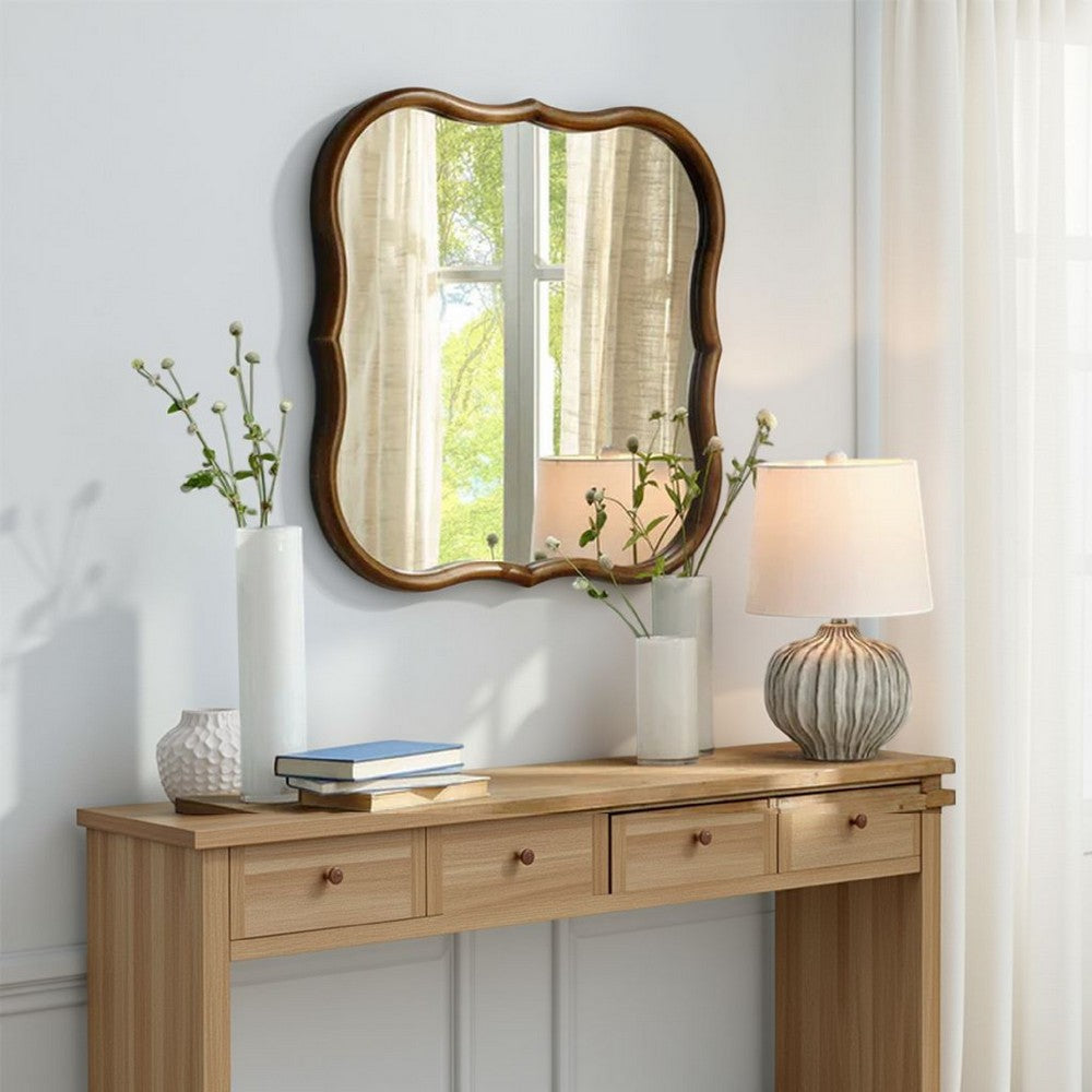 Deri Scalloped Wall Mirror | 31" Brown Frame | Non Beveled Edge