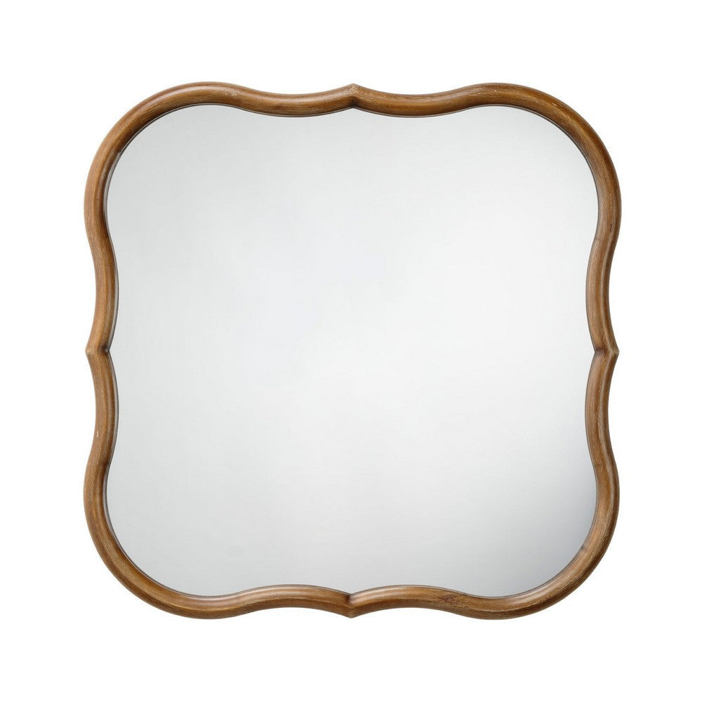 Deri Scalloped Wall Mirror | 31" Brown Frame | Non Beveled Edge
