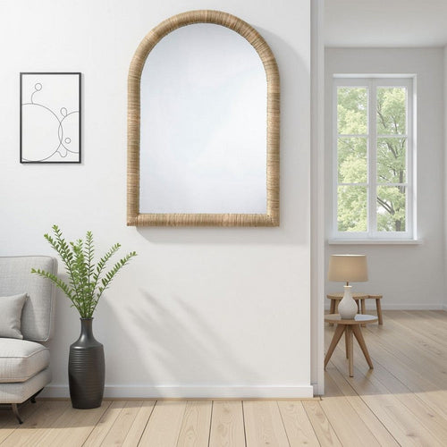 Tipz Wall Mirror | 34" Natural Brown Arch Frame | Woven Seagrass