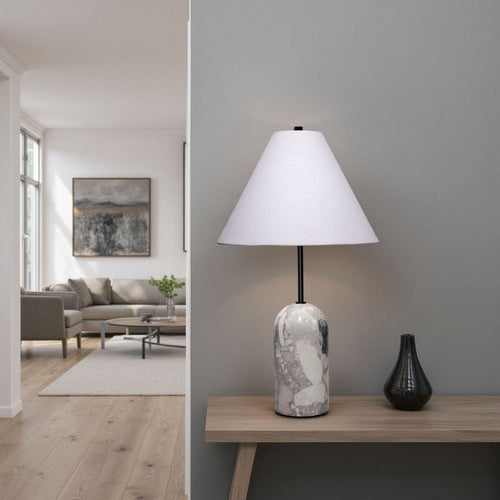 Hely Accent Table Lamp | Linen Cone Shade | Travertine Stone 28"