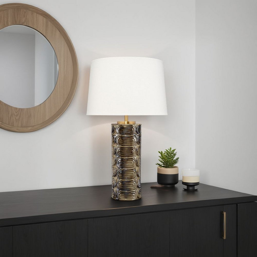 Wrix Accent Table Lamp | White Linen Shade | Ceramic Brown Base 29"