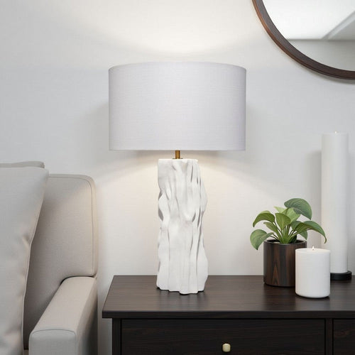 Sery Table Lamp | Linen Shade | Matte White Textured Ceramic 31"