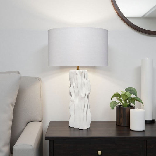 Sery Table Lamp | Linen Shade | Matte White Textured Ceramic 31"
