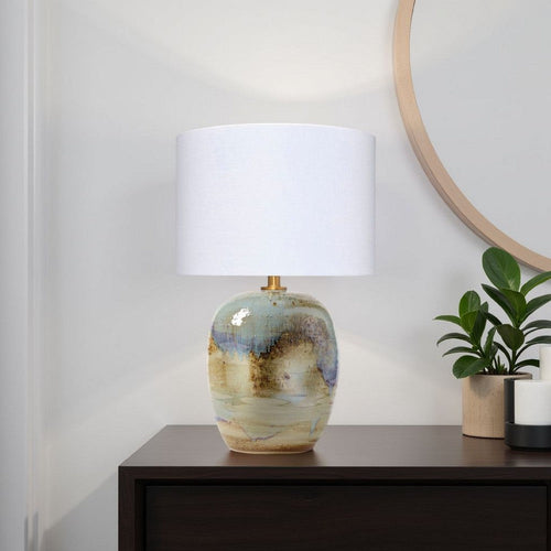 Sivy Accent Table Lamp | Linen | Round Abstract Ceramic Blue 26"