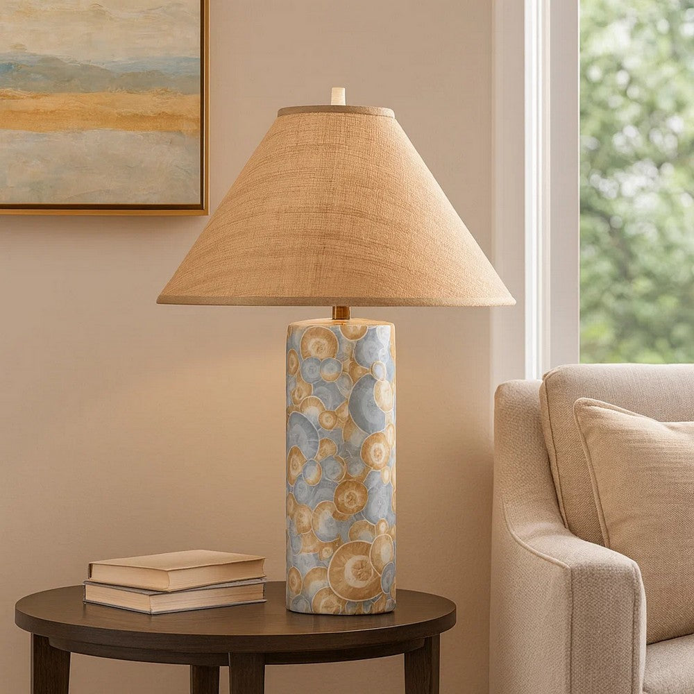 Eriy Accent Table Lamp | Brown Raffia Cone Shade | Blue Abstract 29"