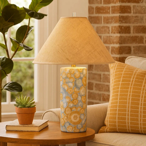 Eriy Accent Table Lamp | Brown Raffia Cone Shade | Blue Abstract 29"