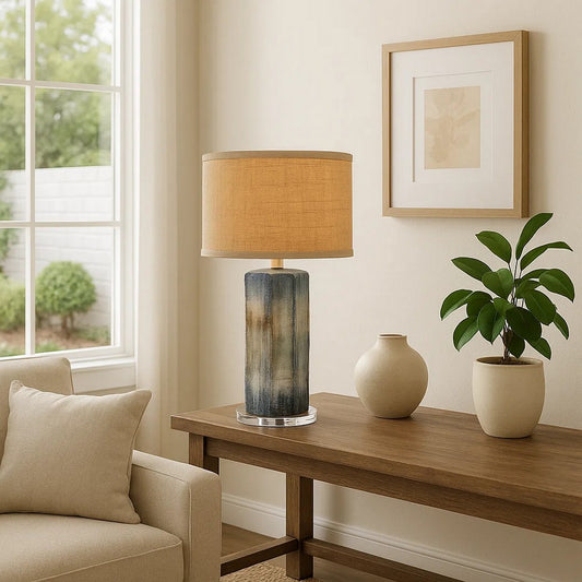 Absy Accent Table Lamp | Brown Oval Raffia Shade | Abstract Blue 23"