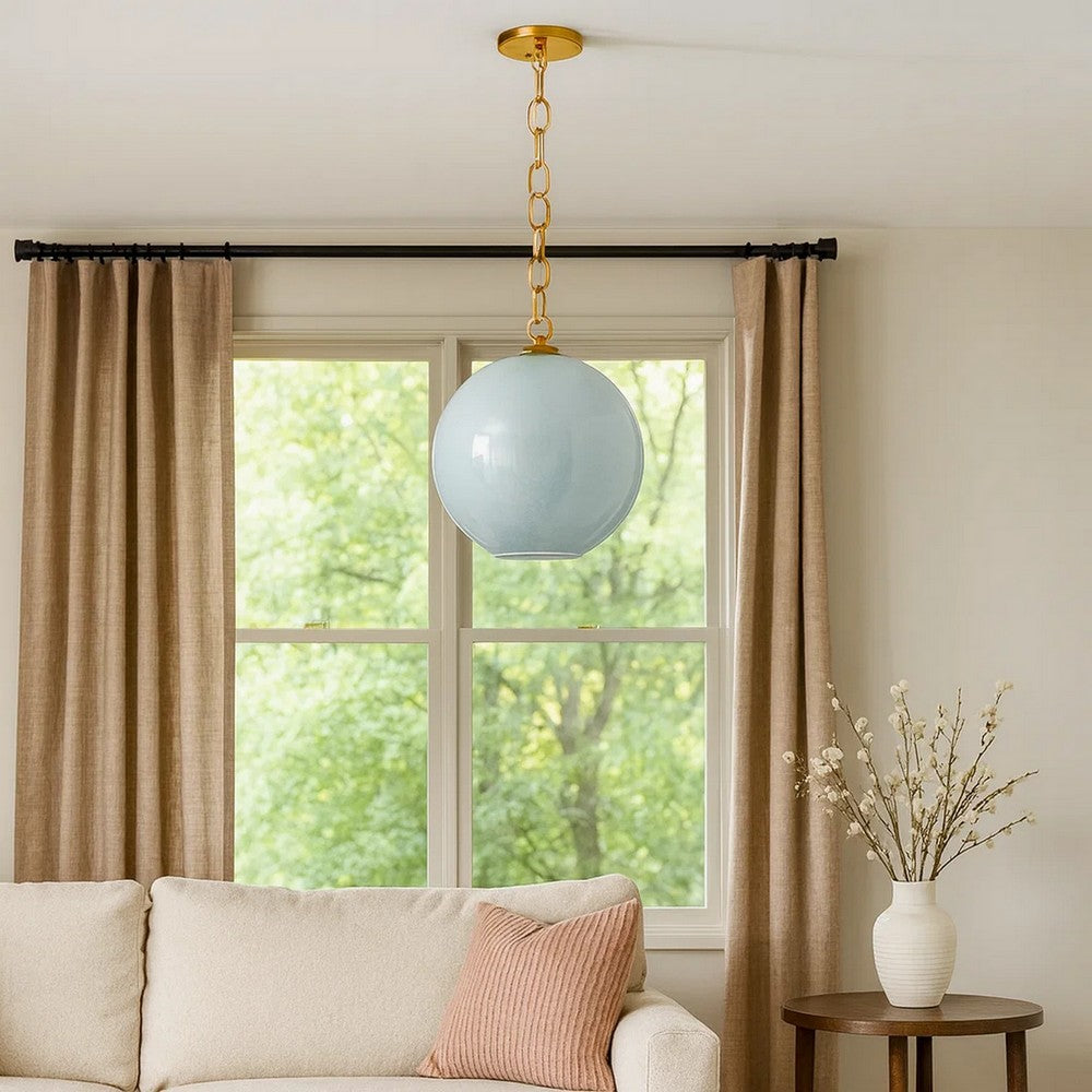Tero Ceiling Pendant Light | Blue Blown Glass | Antique Brass | 12"