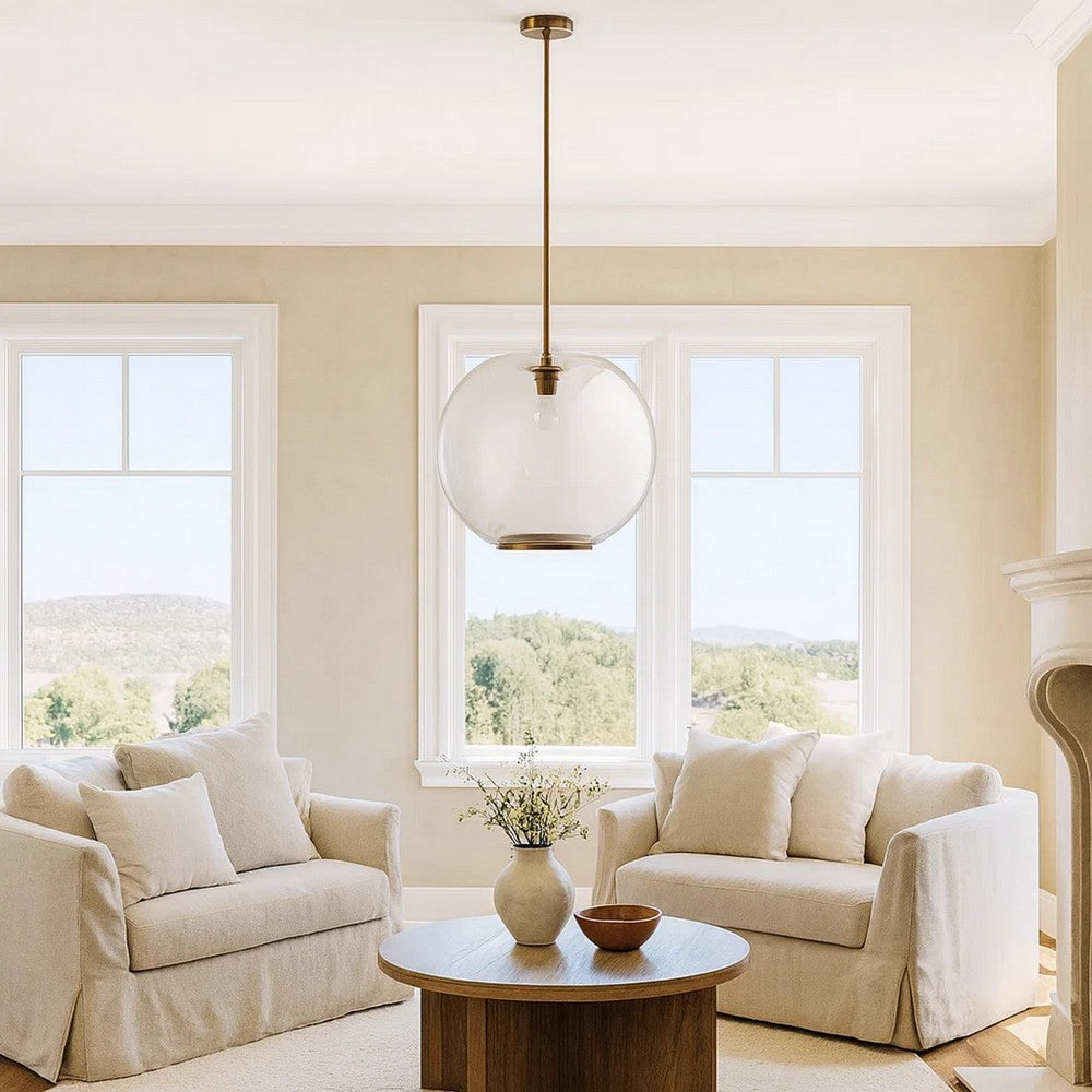 Leio Ceiling Pendant Light | Clear Blown Glass | Antique Brass | 20"