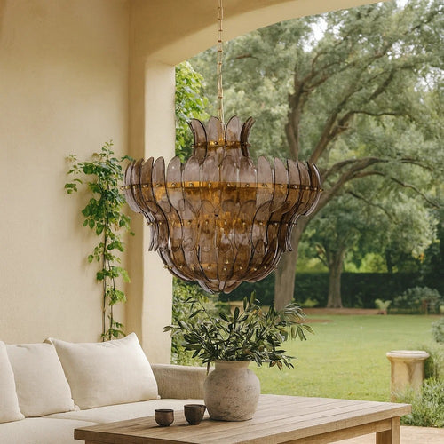 Lero Chandelier | Murano Style Leaves | Brown Blown Glass | 26"