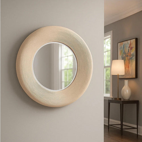 Defy Wall Mirror | 39" Round Frame | Boho Style Ivory Natural Bamboo