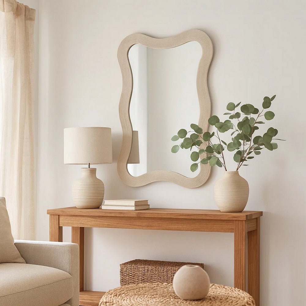 Lery Wall Mirror | 38" Wavy Frame | Boho Style Ivory Natural Bamboo
