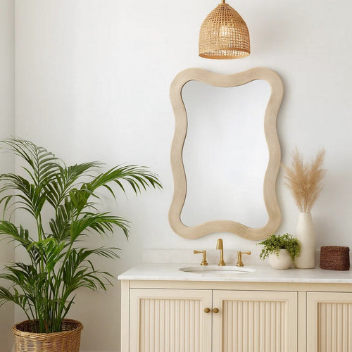 Lery Wall Mirror | 38" Wavy Frame | Boho Style Ivory Natural Bamboo