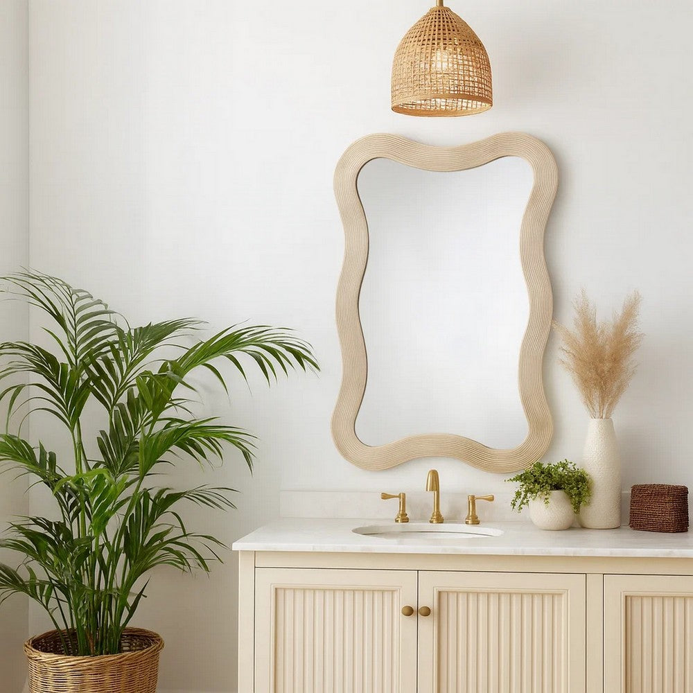 Lery Wall Mirror | 38" Wavy Frame | Boho Style Ivory Natural Bamboo