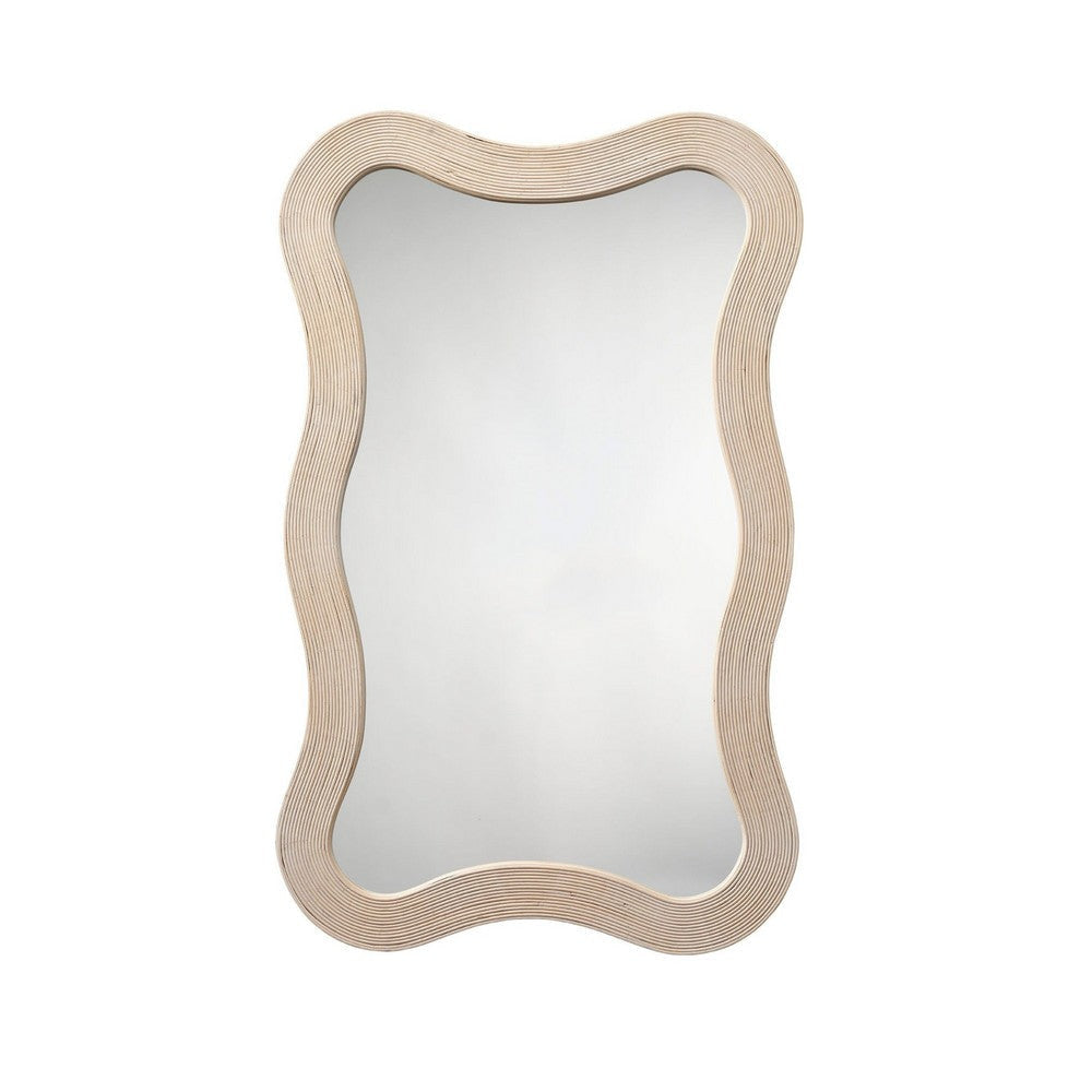 Lery Wall Mirror | 38" Wavy Frame | Boho Style Ivory Natural Bamboo