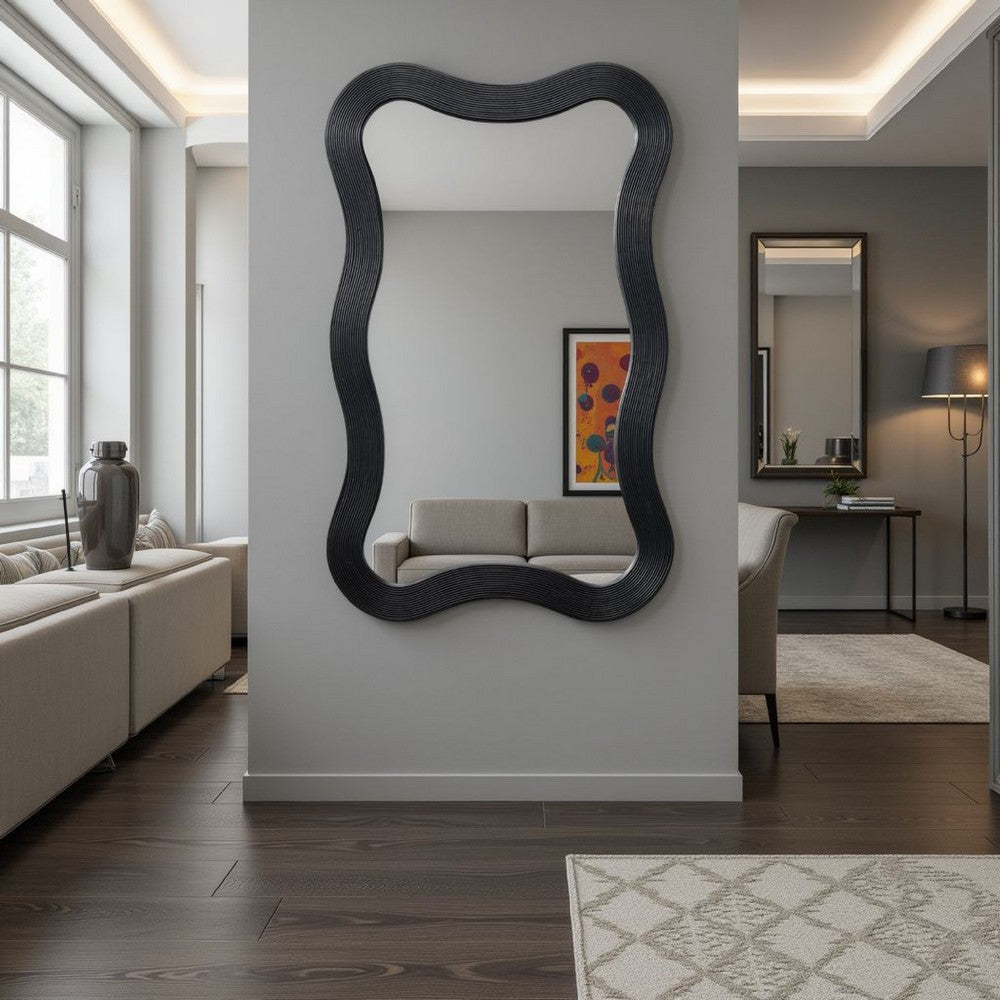 Lery Wall Mirror | 38" Wavy Frame | Boho Style Black Natural Bamboo