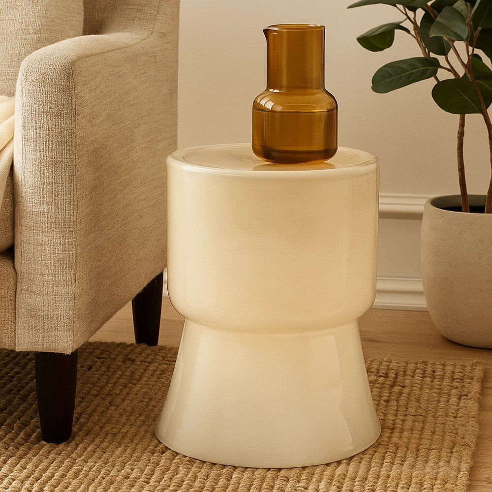 Hery Garden Side Table Stool | Hourglass Glossy Ivory Soda Lime Glass