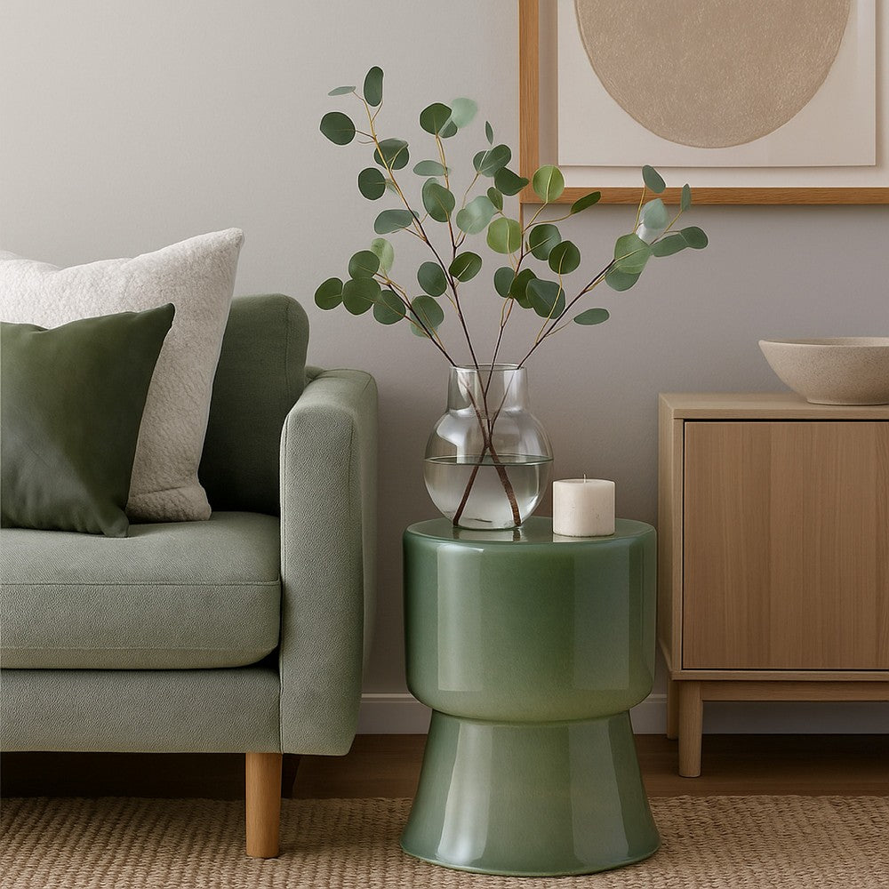 Hery Garden Side Table Stool | Hourglass Glossy Green Soda Lime Glass