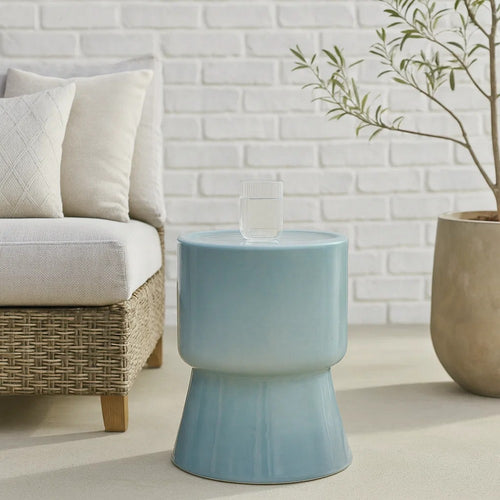 Hery Garden Side Table Stool | Hourglass | Glossy Blue Soda Lime Glass
