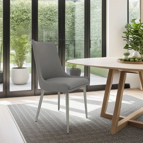 Rusa Dining Chair Set of 2, Gray Faux Leather Upholstery, Silver Legs