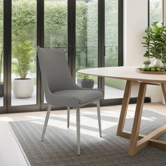 Rusa Dining Chair Set of 2, Gray Faux Leather Upholstery, Silver Legs
