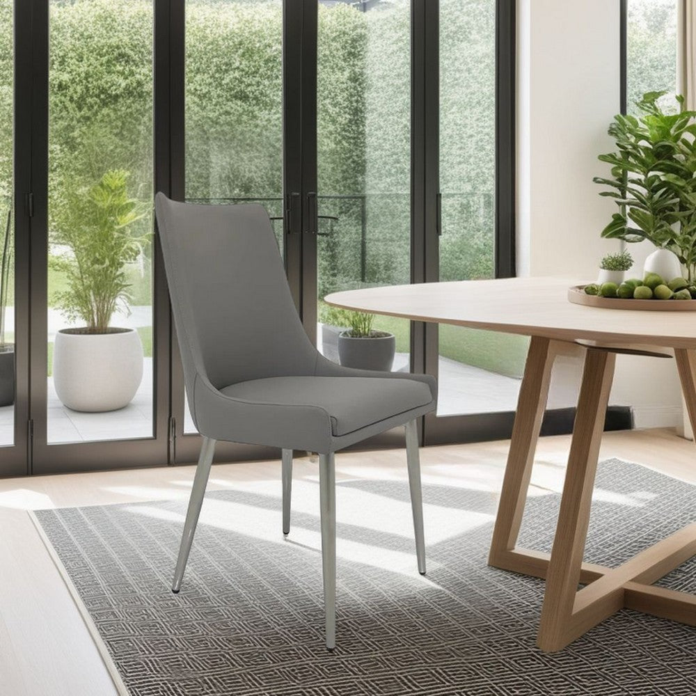 Rusa Dining Chair Set of 2, Gray Faux Leather Upholstery, Silver Legs