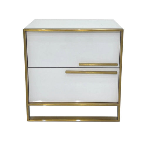Boko Nightstand | 2 Drawers w Modern Gold Metal Handles | 20" White