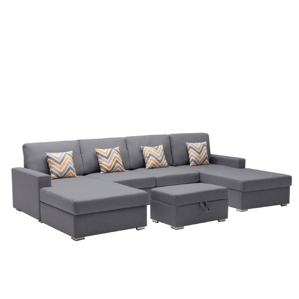 Meg Double Chaise Sectional Sofa with Ottoman | Gray Linen | 124"