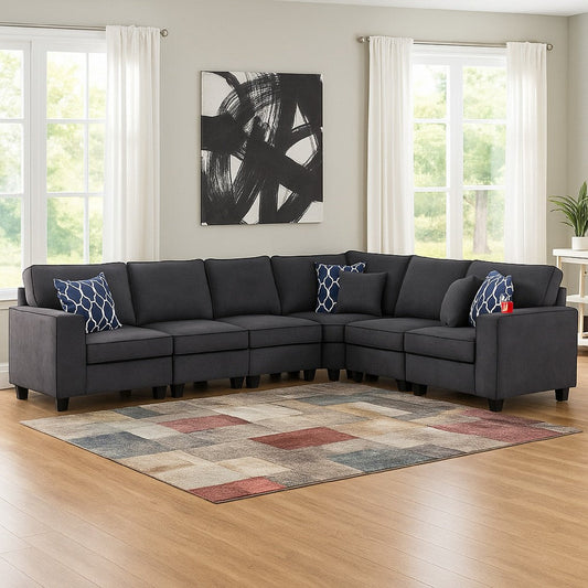 Nid L Shaped Sectional Sofa | Cupholder | Stone Gray Woven | 125"