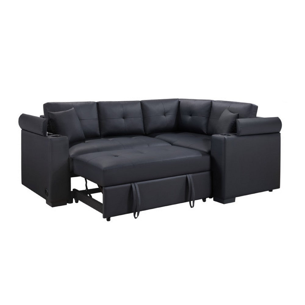 Nov Sectional Sleeper Sofa | 2 Pillows | USB Charge Black Faux Leather BM334765